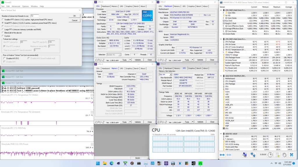 Core i5-12400 fixed overclock prime95 small ffts avx enabled