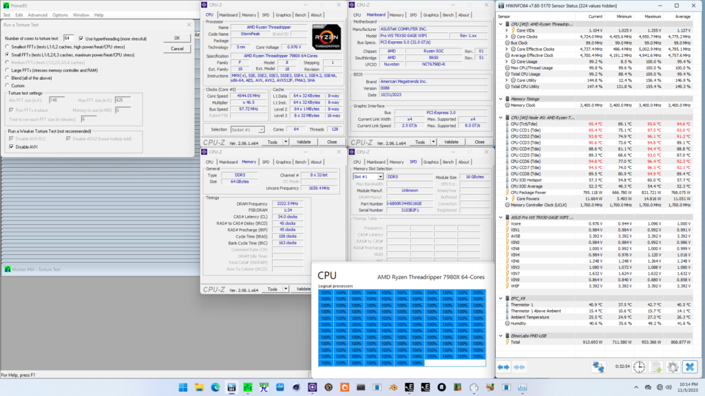 ryzen threadripper 7980x pbo2 tuned prime95 no avx
