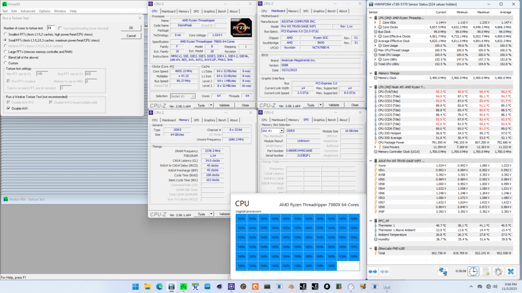 ryzen threadripper 7980x pbo2 tuned smt off prime95 no avx