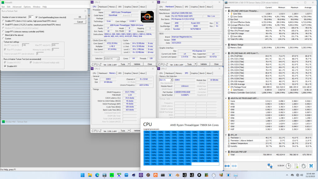 ryzen threadripper 7980x manual overclock prime95 no avx