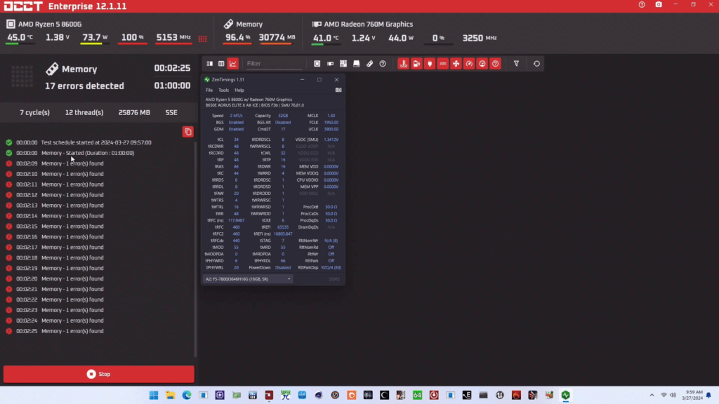 radeon 760m xmp timings tuned occt benchmark fail
