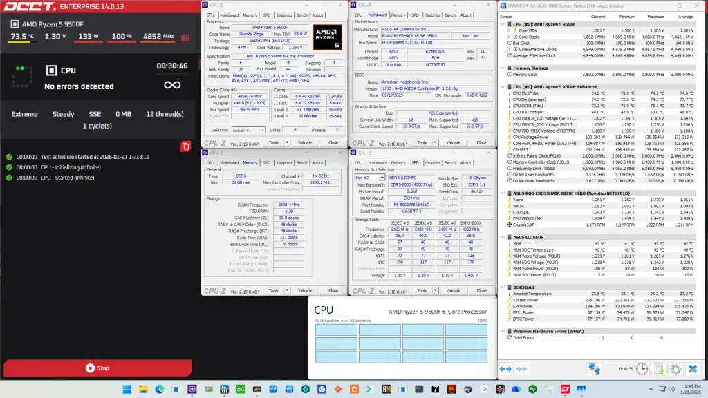 and ryzen 5 9500f pbo occt sse stress test